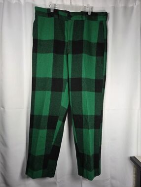 Vintage Johnson Woolen Mills Vermont Green Buffalo Plaid Wool Pants Mens 38 X 32